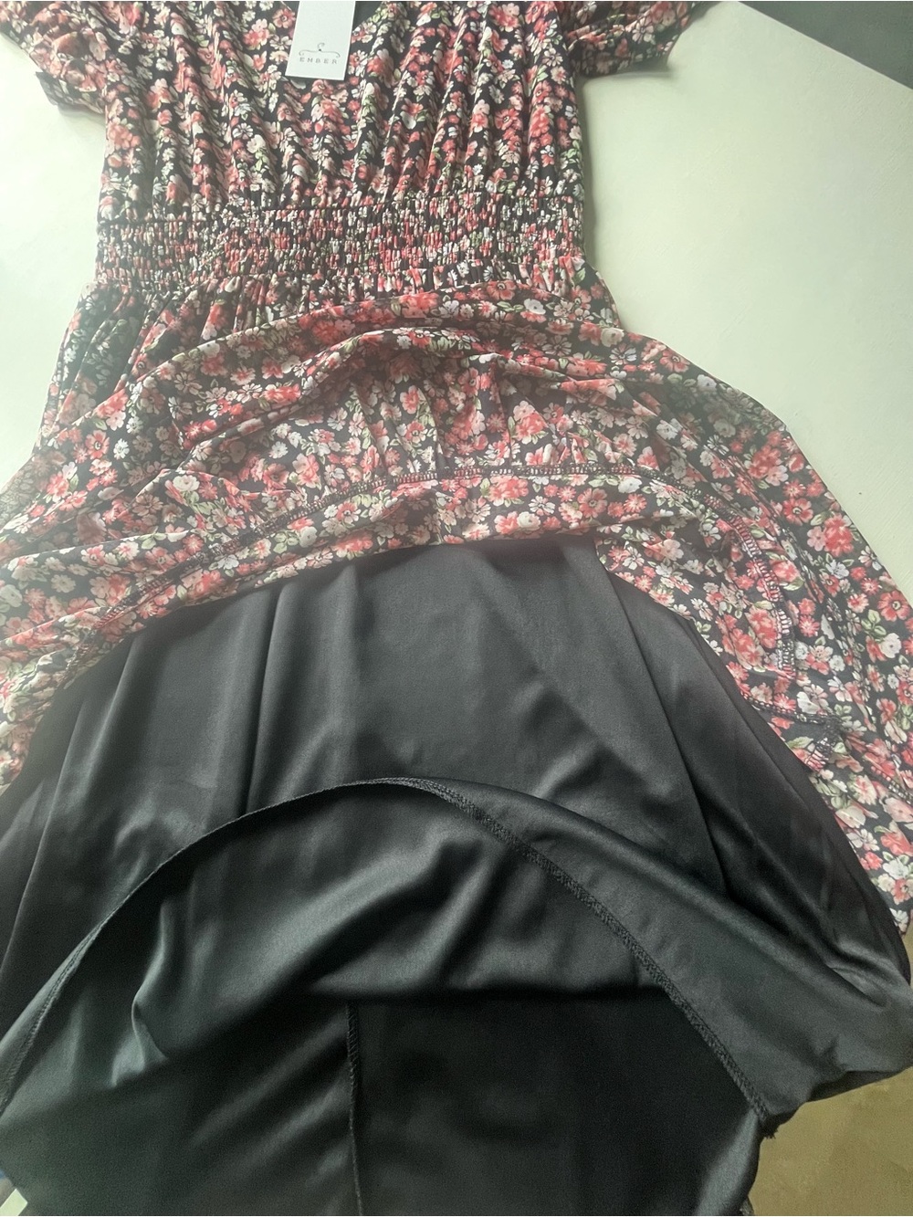 Ember Women’s Small Black Floral Tiered Dress with Pink and White Blossoms - Picture 7 of 8